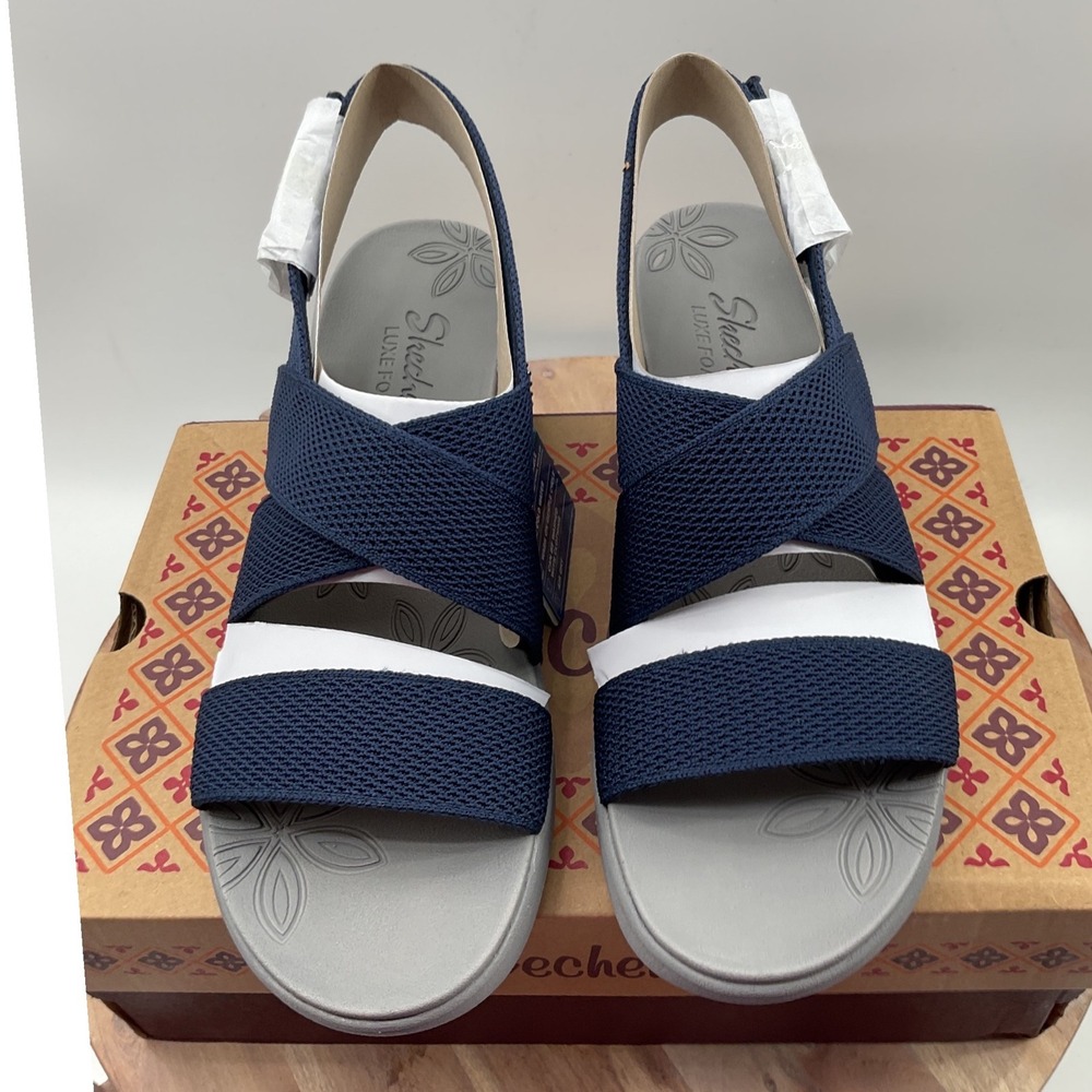 Skechers Rumble On Night Sky Navy Blue Wedge Sandals 163433/NVY Womens 9.5 NEW